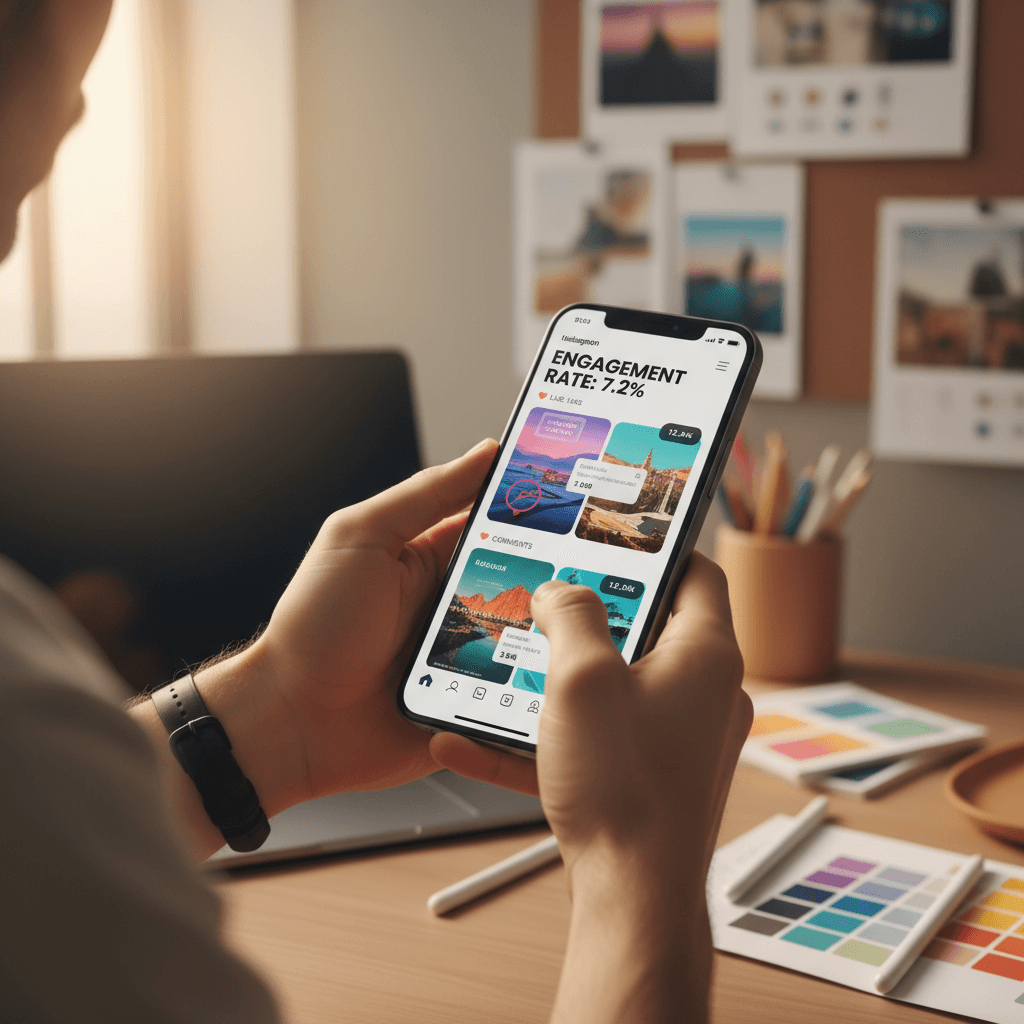Content creator reviewing social media strategy on smartphone