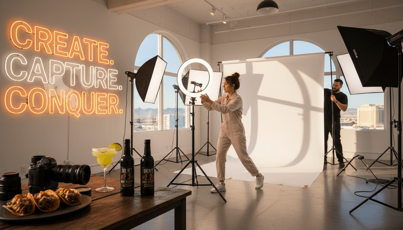 Professional photographer preparing product shot for social media content