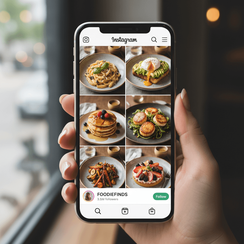 Instagram feed displaying professional restaurant photography on smartphone screen