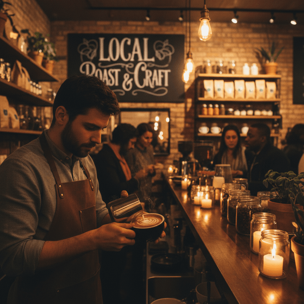 Barista creating latte art in a busy cafe