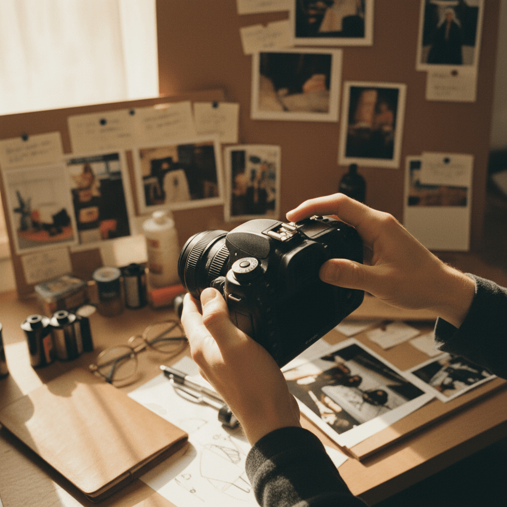 Professional photographer adjusting camera equipment in studio