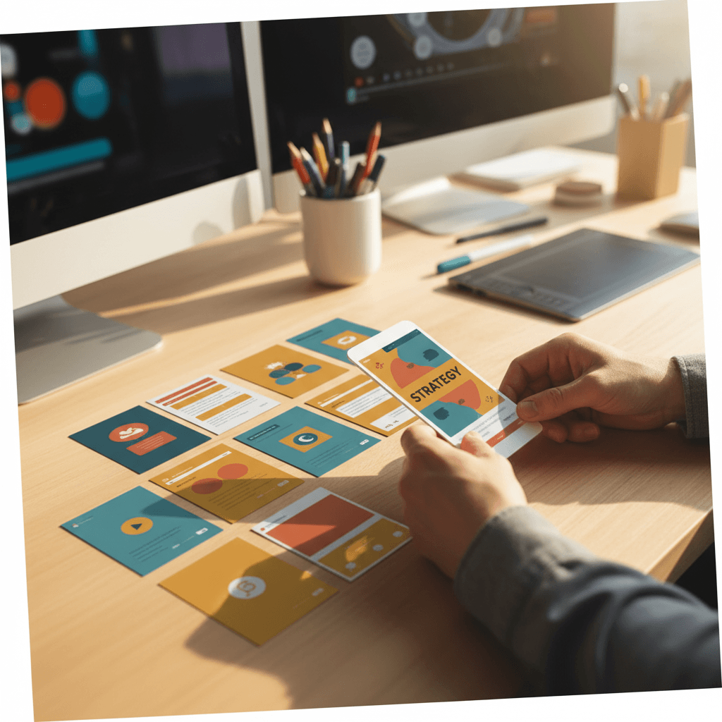Content creator arranging social media mockups on workspace desk