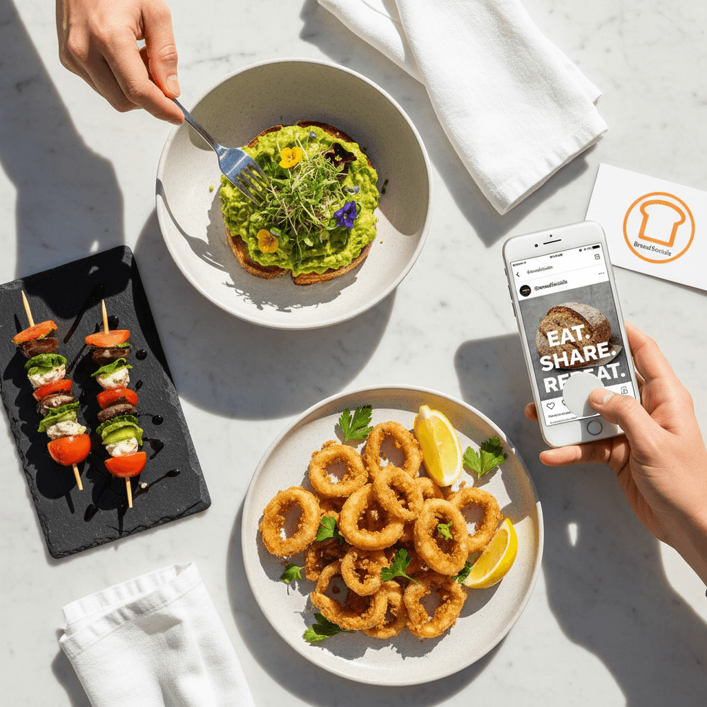 Restaurant flat-lay with phone showing Instagram content