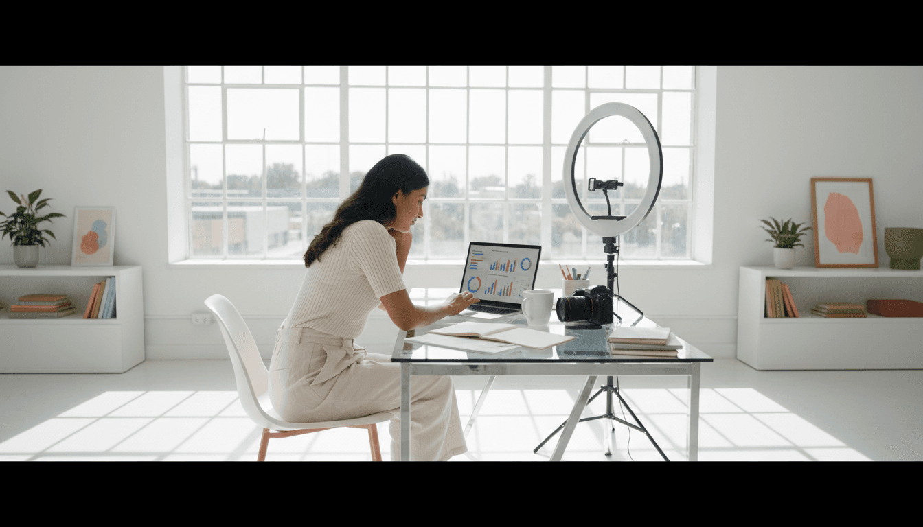 Content creator reviewing social media analytics and engagement metrics at workspace
