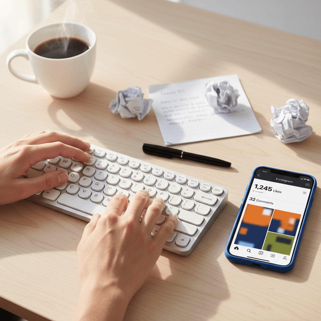 Social media management workspace with smartphone and engagement metrics