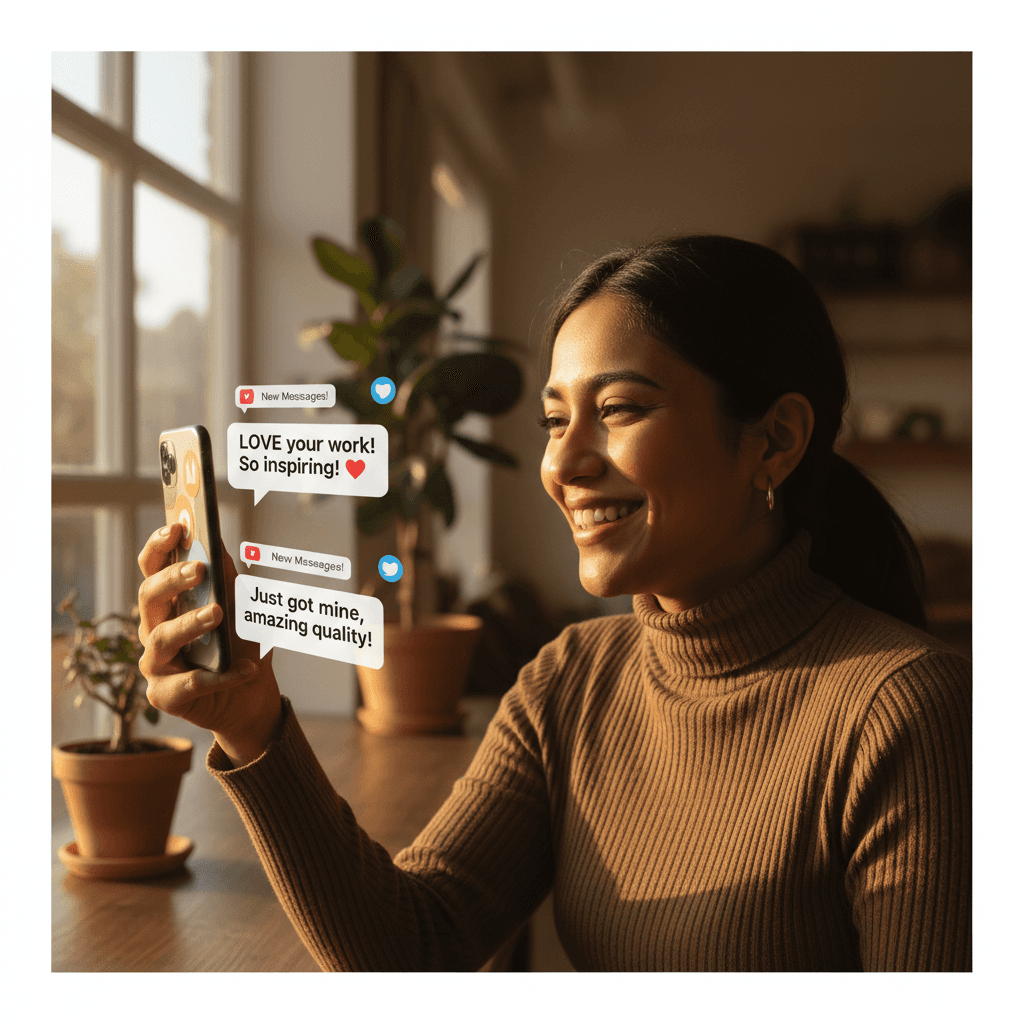 Person reviewing positive customer comments and follower engagement on social media